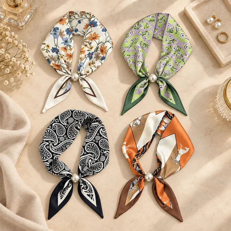 Zestaw 4 wąskich jedwabnych apaszek – elegancja i wyrafinowany styl na wiosnę i lato! Delikatny materiał, uniwersalne zastosowanie, idealne na szyję, do włosów lub jako ozdoba torebki!