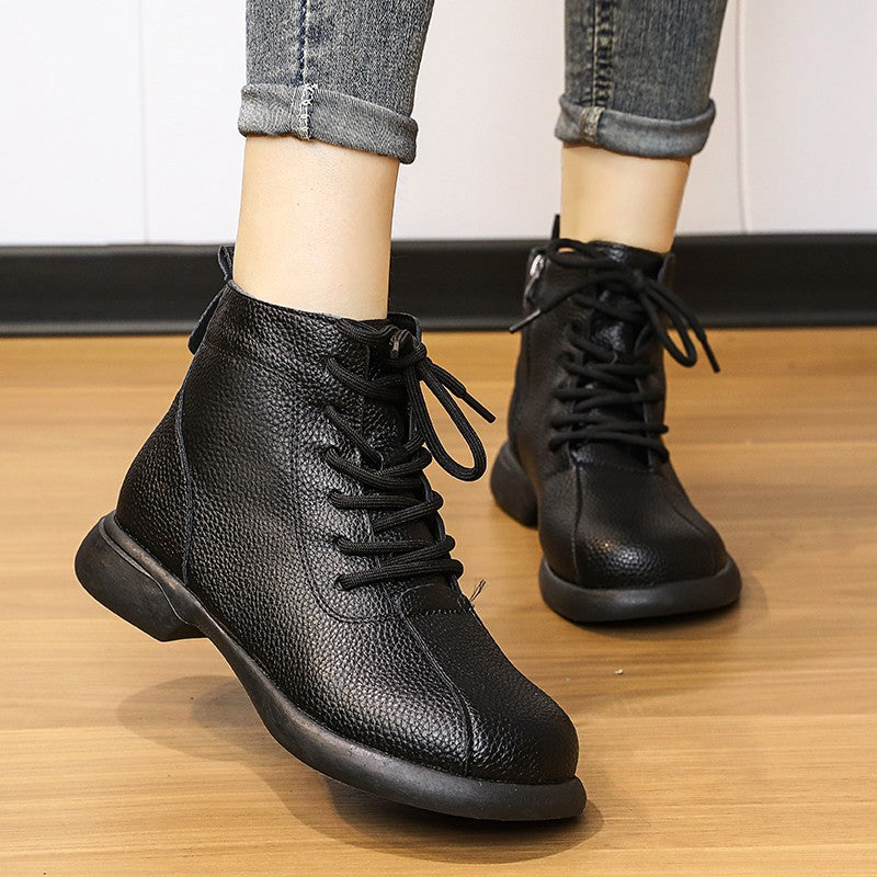 【35-40】Нови дамски кожени ботуши с ципове, високи и топли кожени ботуши с мека подметка