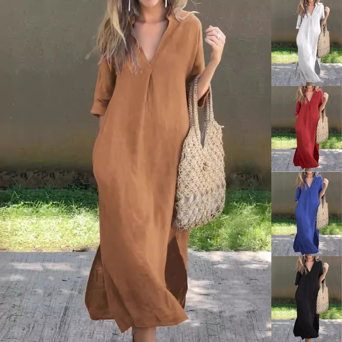 🌿💃【50% popust 🔥】【S–3XL】Nova ženska dolga obleka iz bombaža in lana za večje številke z V-izrezom in stranskimi razporki