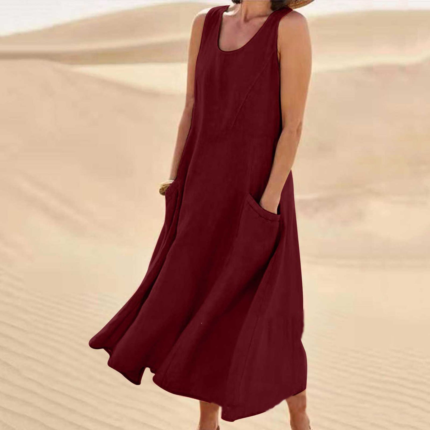 šćS-5XLćNova poletna elegantna bombažna tencel obleka brez rokavov z okroglim izrezom (11 barv)