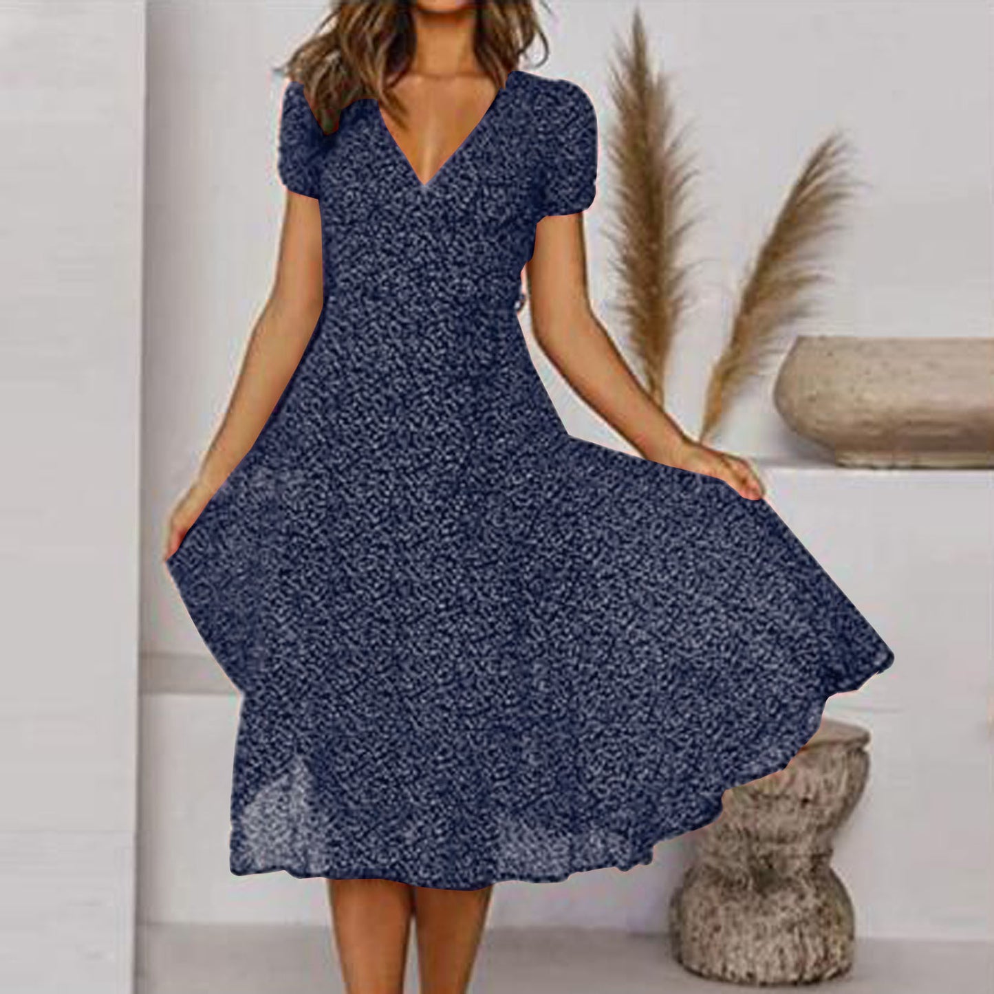 🌈💃👗😍Rochie nouă la modă pentru femei, cu buline, decolteu în V și mâneci scurte, rochie din șifon cu buline