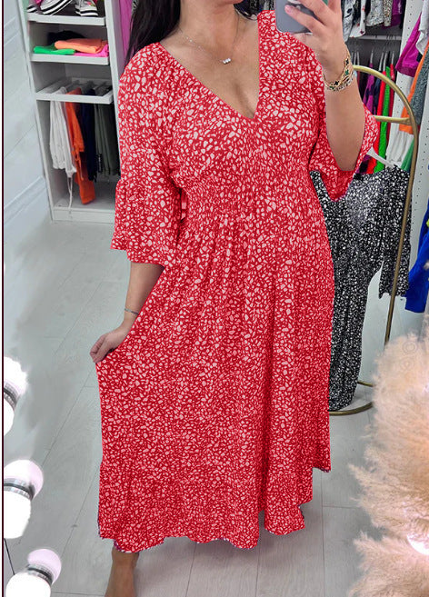 🔥【S-4XL】🔥2025 nové šaty s květinovým potiskem s výstřihem do V