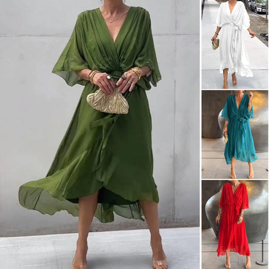 👗Večbarvna čipkasta šifonska obleka brez rokavov in netopirjevih rokavov