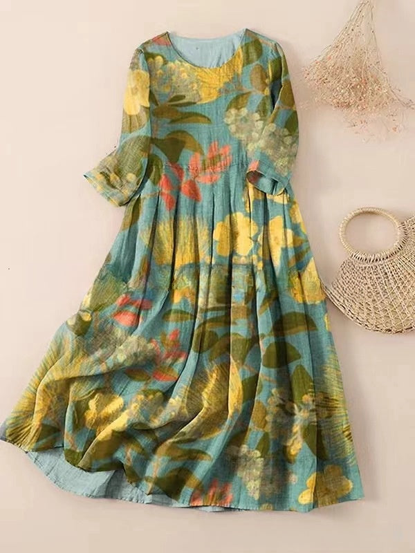 【50 % popust】【S-3XL】🌼Nova nagubana obleka s cvetličnim potiskom in okroglim izrezom🌸mlada in lepa