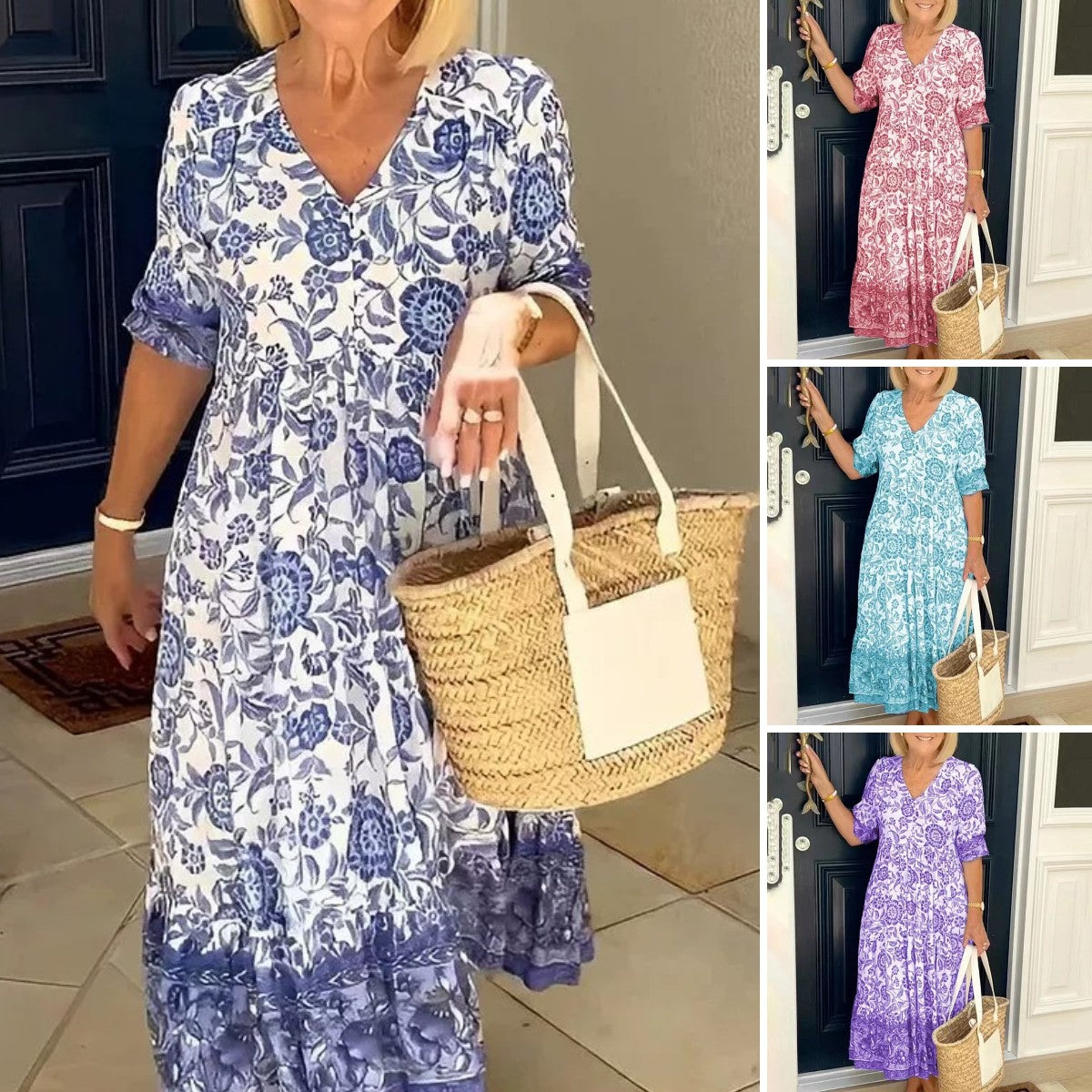 💃【S-3XL】Rochie lungă elegantă cu imprimeu floral și decolteu în V, nouă 2025_3994382