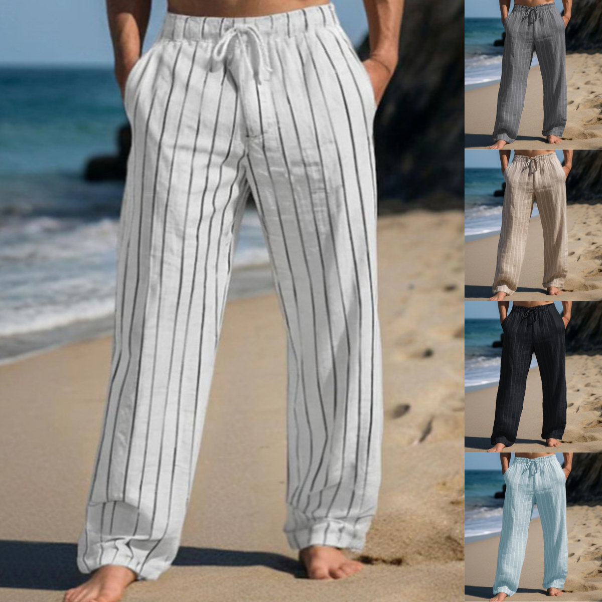 🎹👖【50% popust 🔥】【M–3XL】😍 Moške nove lanene hlače večjih velikosti s črtami, ravnega kroja, z elastičnim pasom in vrvico