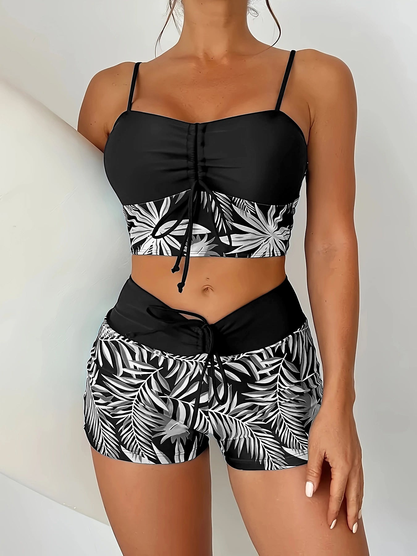 🏊👙【Reducere de 50%】【40-100kg】🌴 Costum de baie din două piese, tip boxer cu talie înaltă, cu imprimeu, cu cusături uni, mărime mare, imprimat