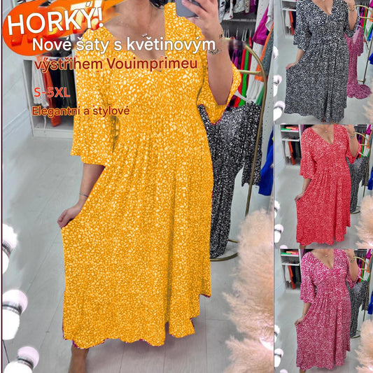 🔥【S-4XL】🔥2025 nové šaty s květinovým potiskem s výstřihem do V