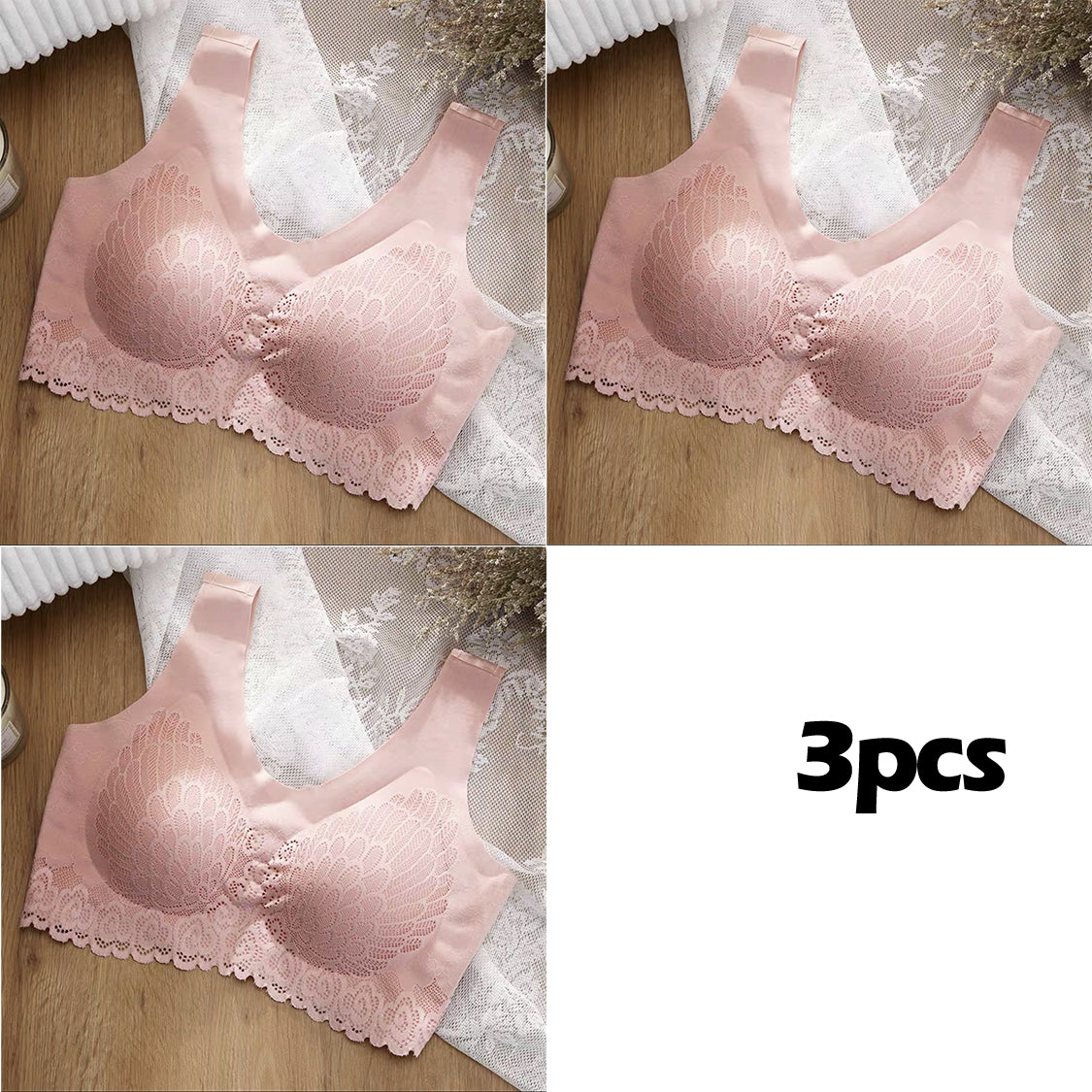🔥【3 kosi】Udoben in eleganten čipkast brezšivni modrček iz ledene svile, brez žičnatega obroča