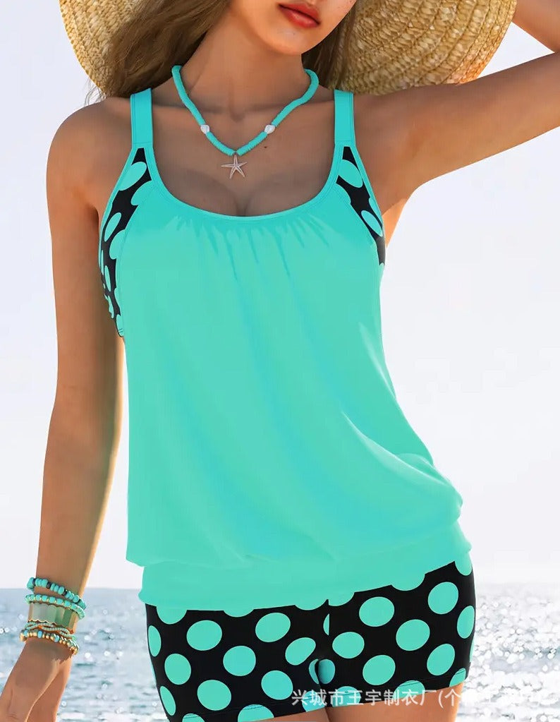 🏖️【S-4XL】✨【Top + Pantaloni】Set de costum de baie pentru femei, cu bretele, buline, mărime mare, 2025