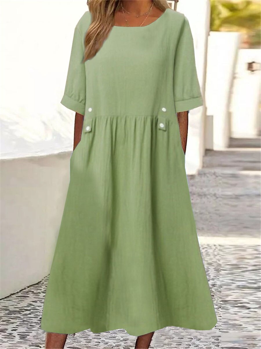 🔥🔥【50%OFF】👗👗2025 Poletna ohlapna obleka iz bombaža in lanu z okroglim izrezom in kratkimi rokavi