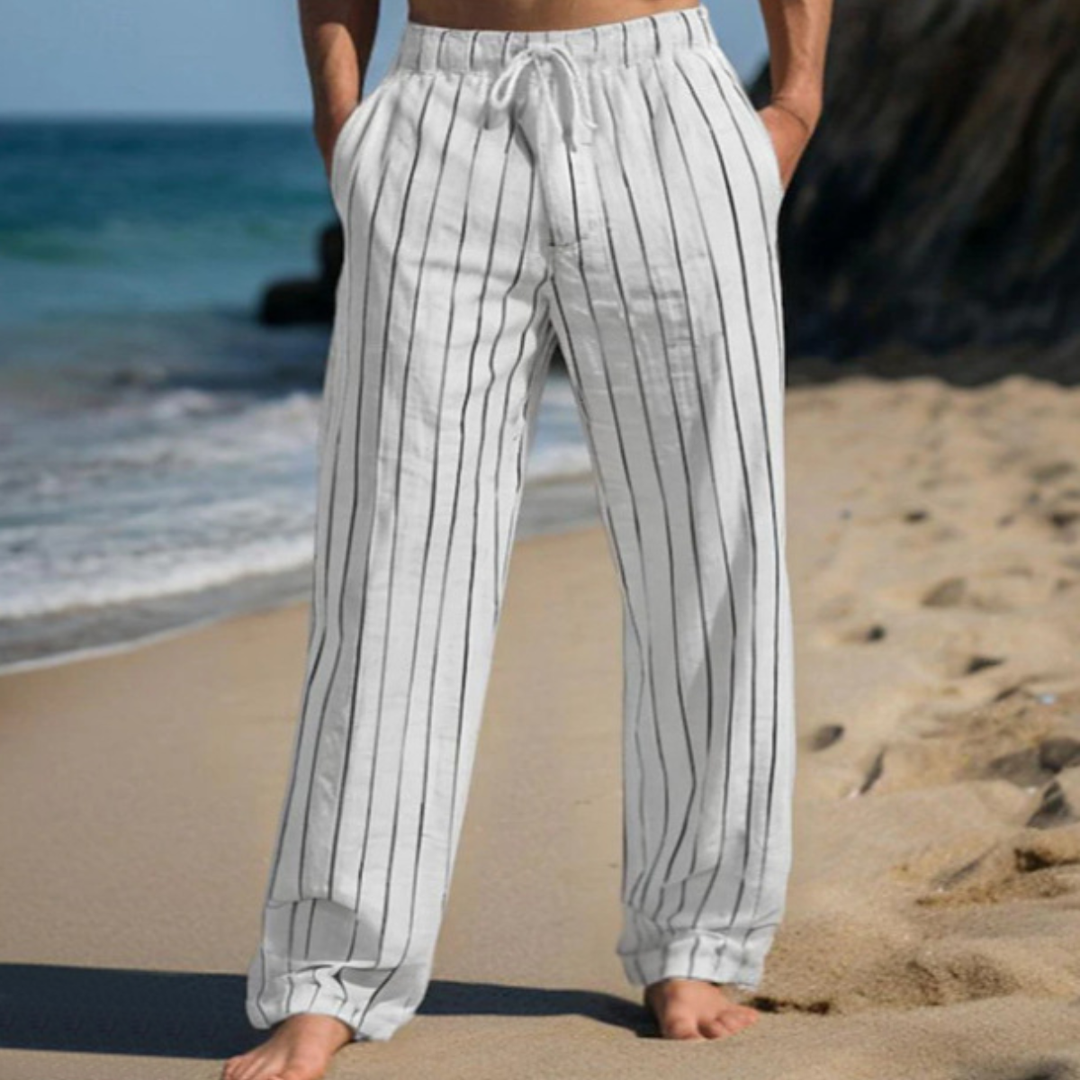 🎹👖【50% popust 🔥】【M–3XL】😍 Moške nove lanene hlače večjih velikosti s črtami, ravnega kroja, z elastičnim pasom in vrvico