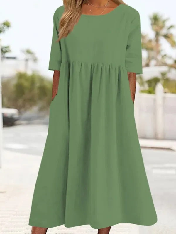 💕【50 % popust】【S-5XL】Ležerna obleka z žepi 2025, ohlapna, enobarvna in zelo udobna
