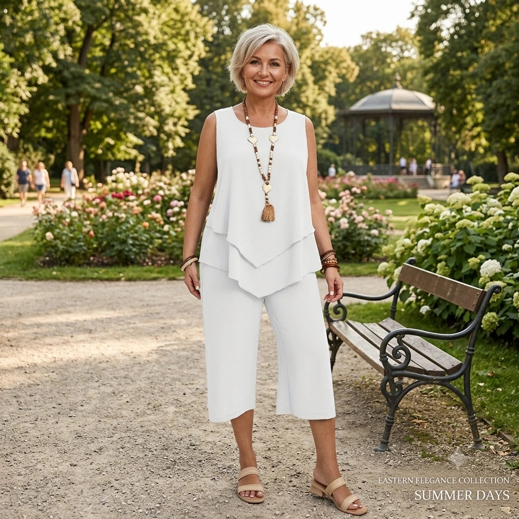 【L-5XL】Dwuczęściowy komplet spodni capri bez rękawów w dużym rozmiarze, modny, swobodny, w jednolitym kolorze, elegancki styl, przewiewny i wygodny na lato.