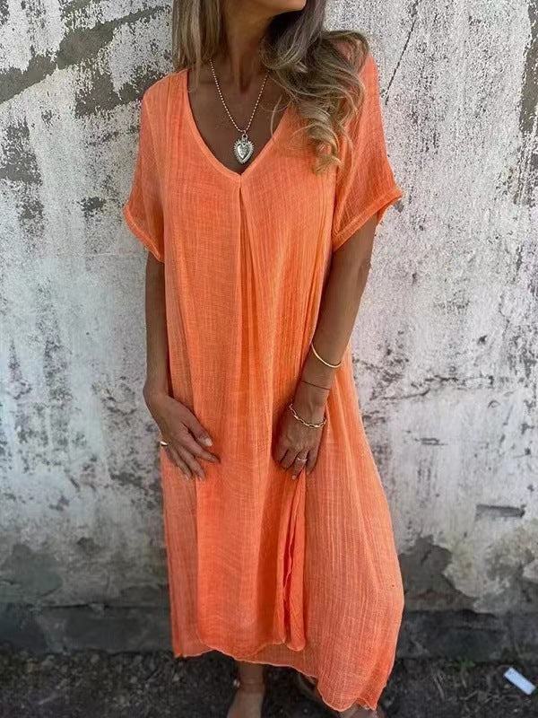 🔥【50 % popust】🥰👗【S-3XL】Nove modne obleke z V-izrezom iz bombaža in lana za leto 2025