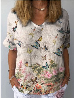 🌈💐【XS-4XL】Treu cu mânecă scurtă din bumbac cu imprimeu floral