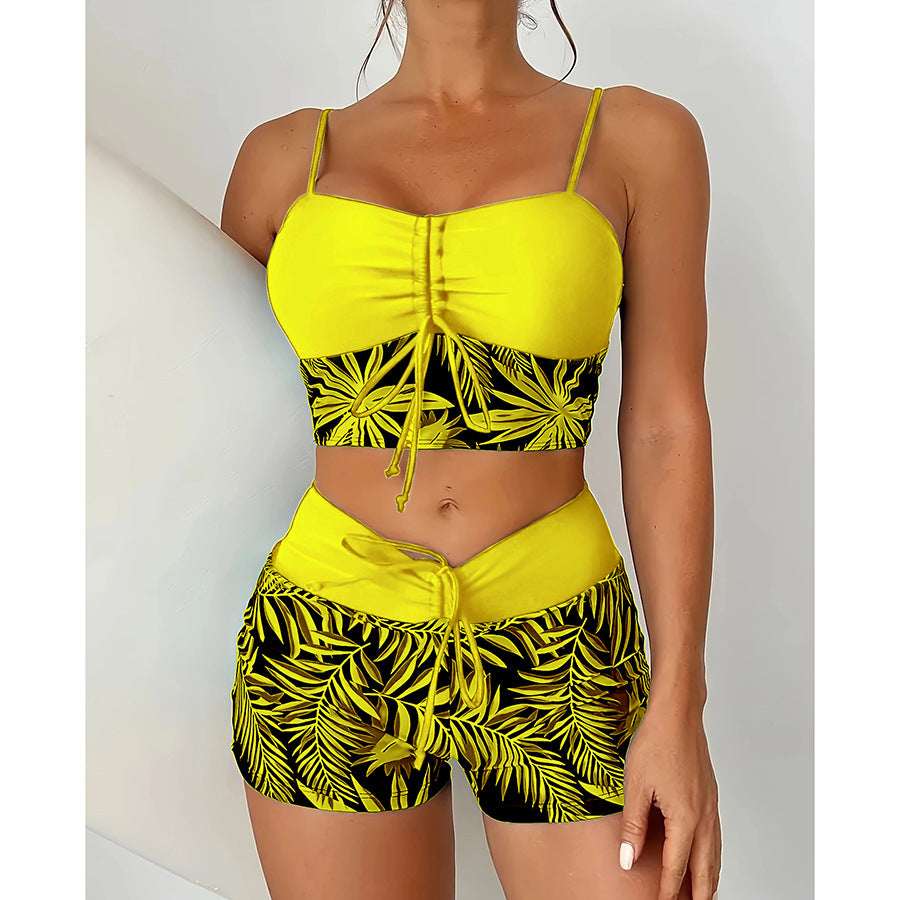 🏊👙【Reducere de 50%】【40-100kg】🌴 Costum de baie din două piese, tip boxer cu talie înaltă, cu imprimeu, cu cusături uni, mărime mare, imprimat
