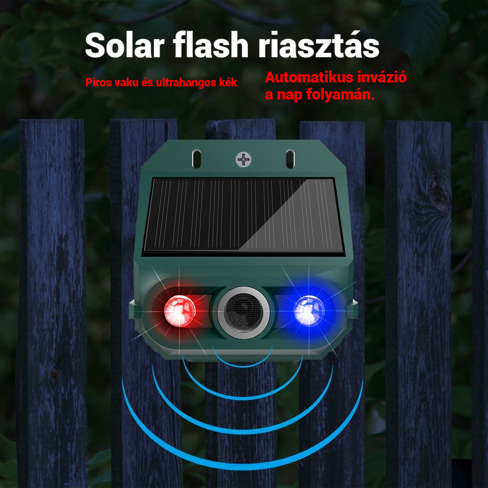 【🔥50% kedvezmény】🔥Szolár ultrahangos állatriasztó kültéri madárriasztóhoz villogó infravörös fénnyel, piros és kék LED-del