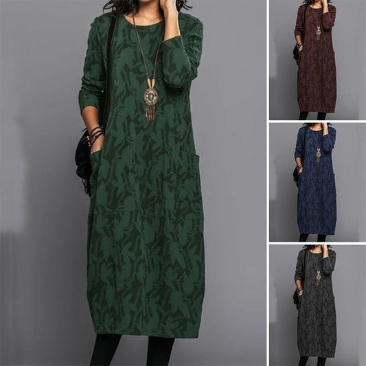 【S-3XL】2025 vroče prodajana potiskana obleka z žepi z okroglim ovratnikom