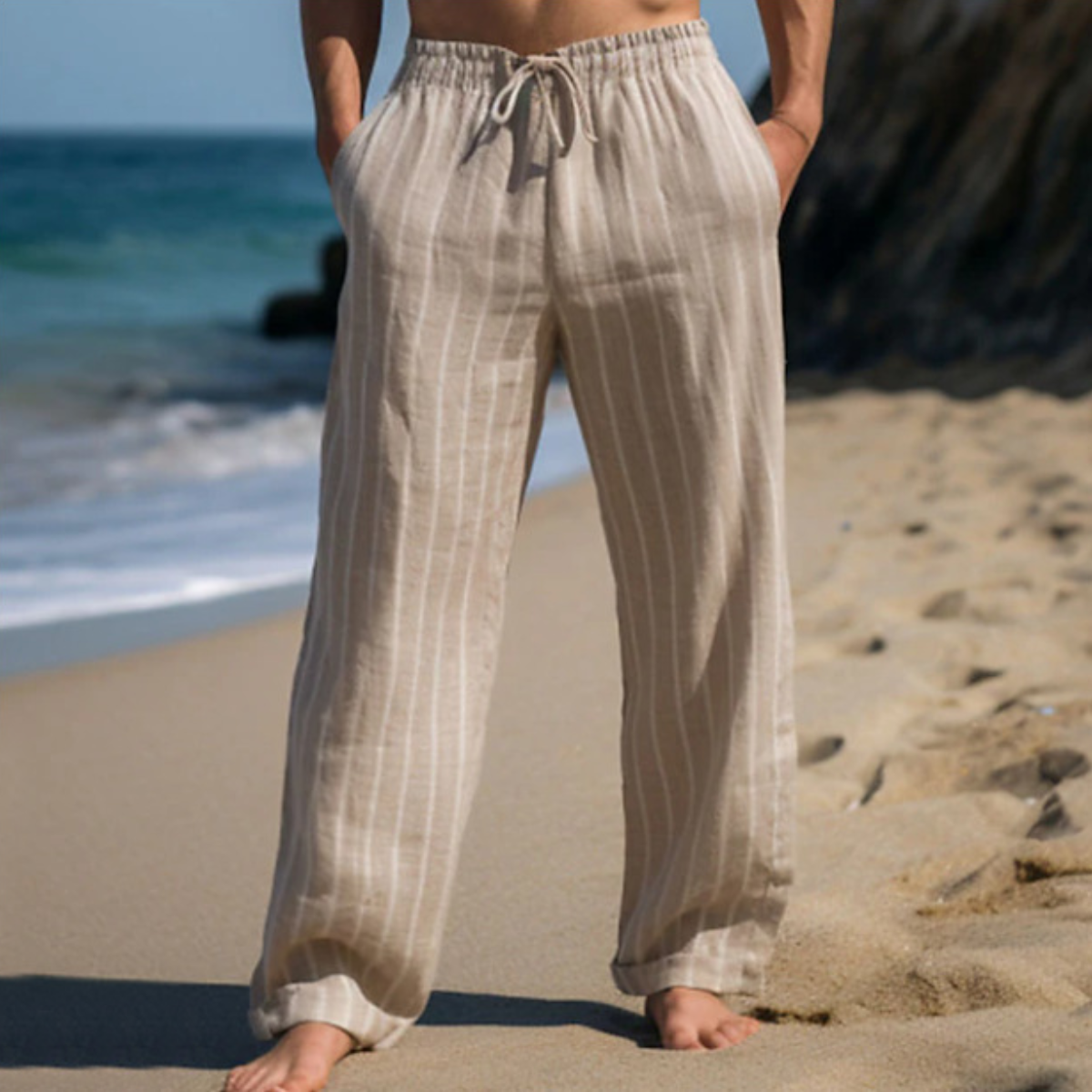 🎹👖【50% popust 🔥】【M–3XL】😍 Moške nove lanene hlače večjih velikosti s črtami, ravnega kroja, z elastičnim pasom in vrvico
