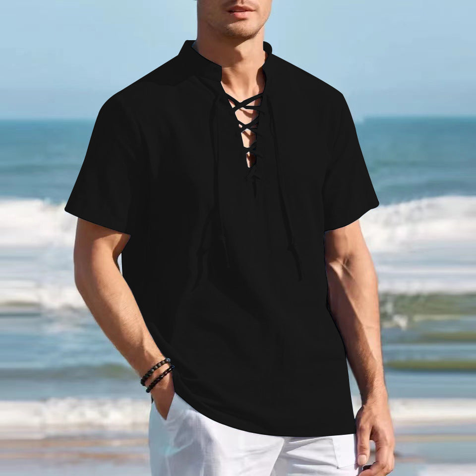 🏄♂️👔【50% popust 🔥】【S-3XL】Moška majica Henley, bombaž in lan, velike velikosti, z V-izrezom in okrasno vrvico