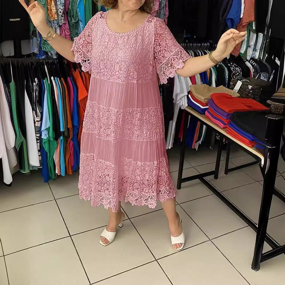 ✨【S-5XL】Nova čipkasta obleka s kratkimi rokavi in okroglim izrezom