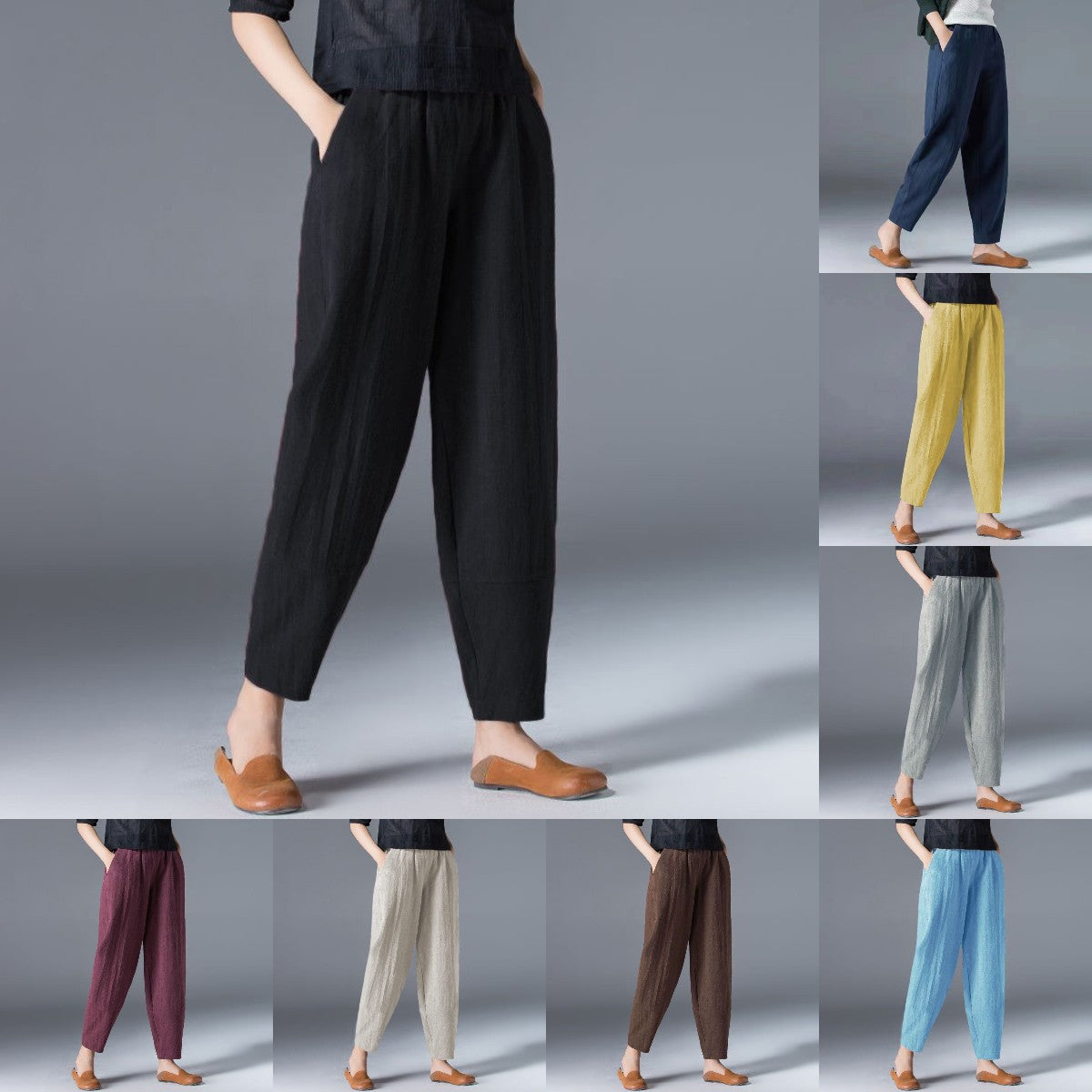 🌿🌿【50 % popust 🔥】【S–5XL】Ženske ohlapne široke hlače iz bombaža in lana v velikih velikostih