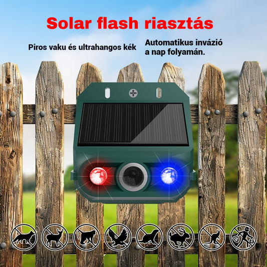 【🔥50% kedvezmény】🔥Szolár ultrahangos állatriasztó kültéri madárriasztóhoz villogó infravörös fénnyel, piros és kék LED-del