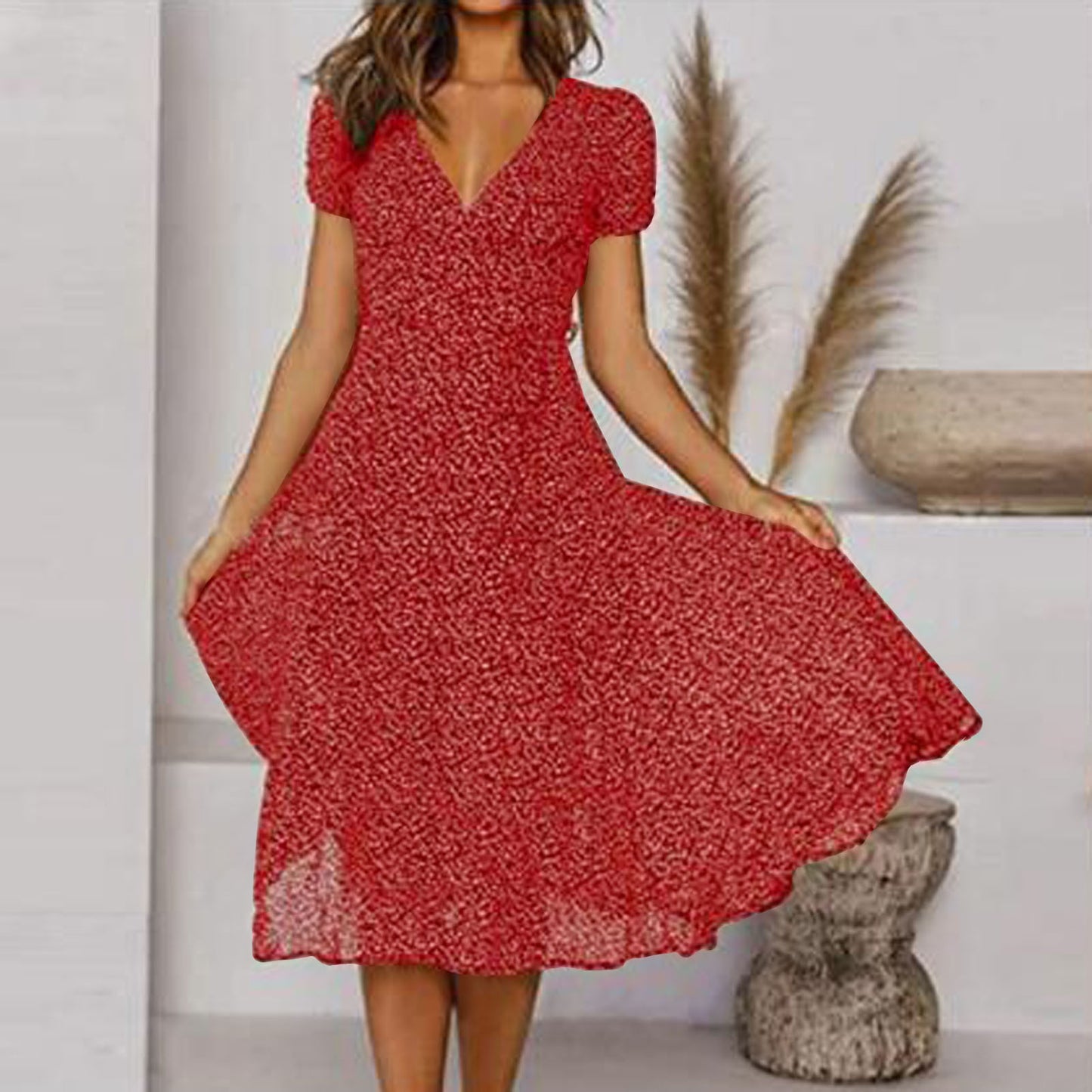 🌈💃👗😍Rochie nouă la modă pentru femei, cu buline, decolteu în V și mâneci scurte, rochie din șifon cu buline