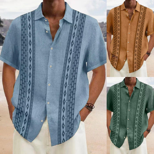 【S-5XL】Moška poletna karo črtasta srajca s kratkimi rokavi in literarnim reverjem