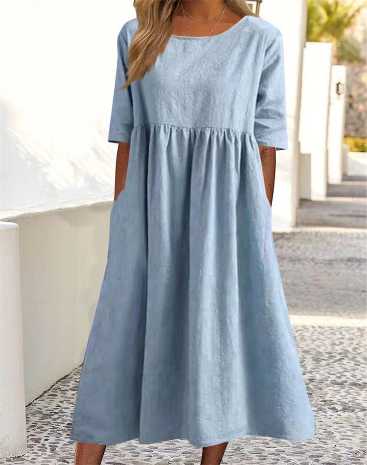 👘🌺【50% sleva 🔥】【M–3XL】Nové letní šaty pro ženy, kulatý výstřih a tištěný vzor, větší velikosti, lehké a prodyšné