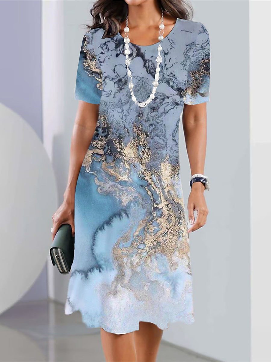 🔥【30% REDUCERE】【XS-5XL】🍂🍂Rochie midi nouă de primăvară și vară cu imprimeu, decolteu rotund și mânecă lungă