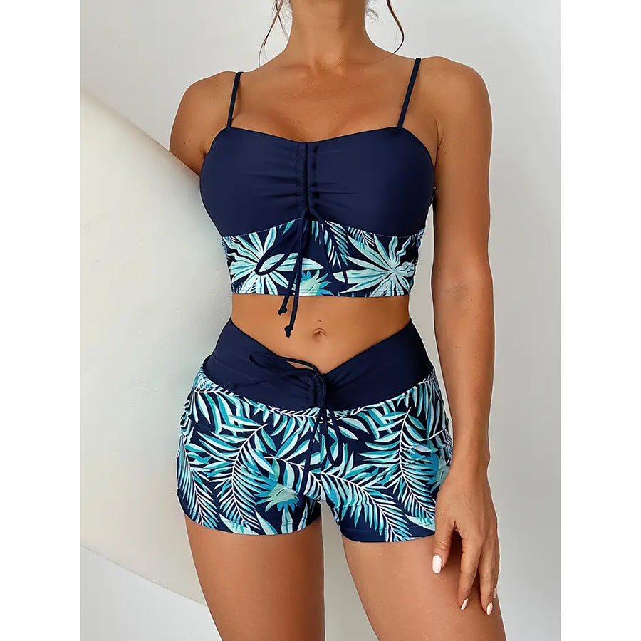 🏊👙【Reducere de 50%】【40-100kg】🌴 Costum de baie din două piese, tip boxer cu talie înaltă, cu imprimeu, cu cusături uni, mărime mare, imprimat