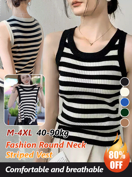 🎁【40–90 kg】【50 % popust】Moden črtast telovnik z okroglim izrezom, najboljša izbira za pomlad in jesen