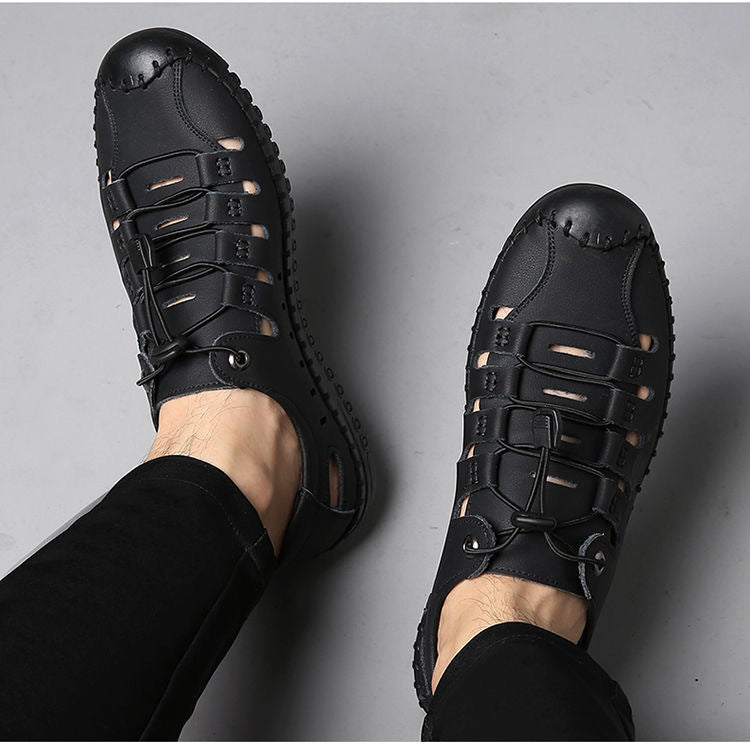 🌟 【Reducere de 50%】【39-44】Sandale de plajă bărbătești din piele naturală, cu vârful închis și gol, de vară👞✨