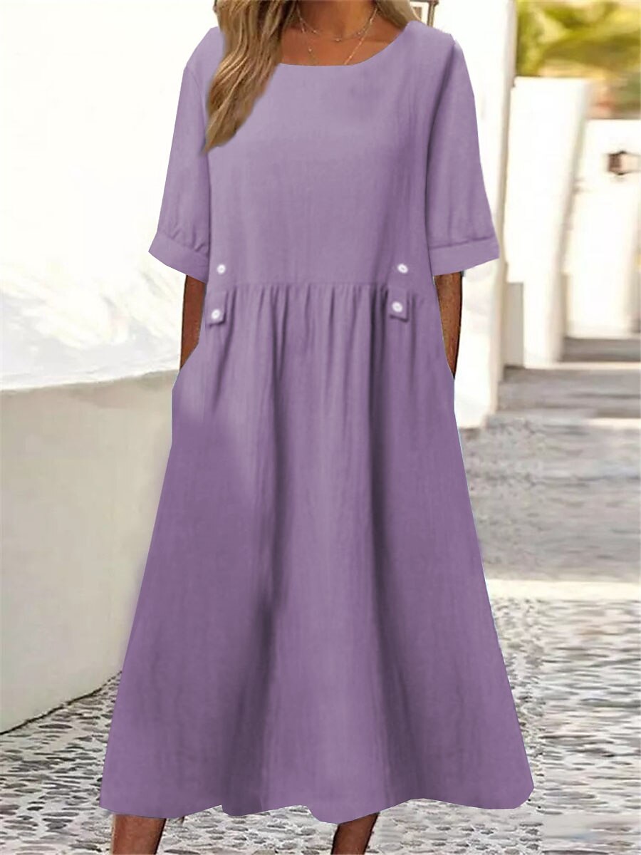 🔥🔥【50%OFF】👗👗2025 Poletna ohlapna obleka iz bombaža in lanu z okroglim izrezom in kratkimi rokavi