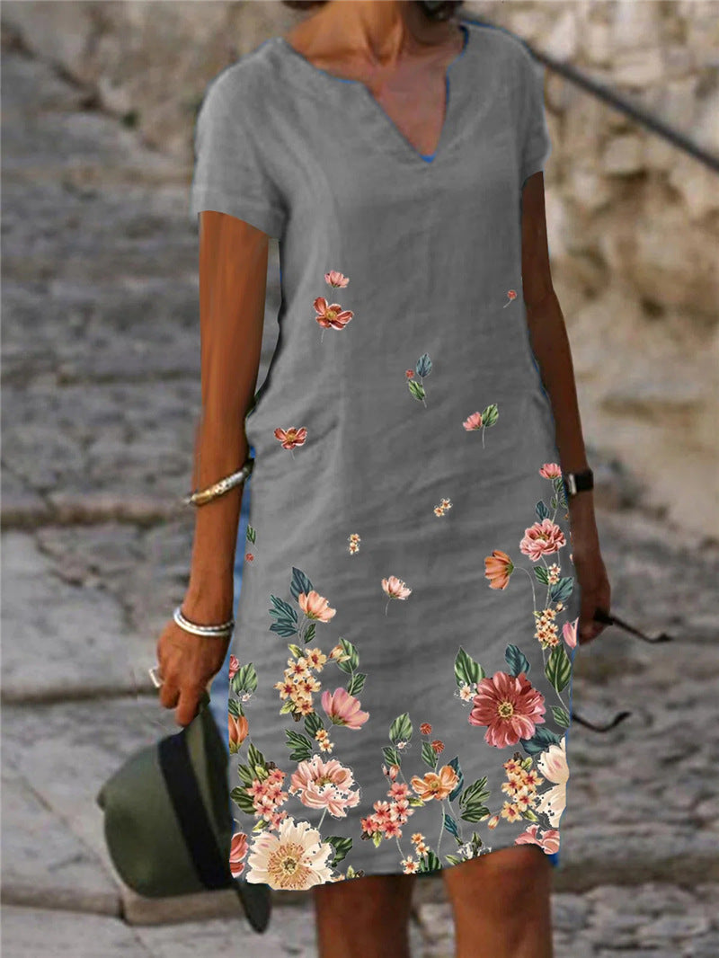 【S-3XL】🌺🦋Obleka s kratkimi rokavi in V-izrezom 2025 z vzorcem rož in metuljev
