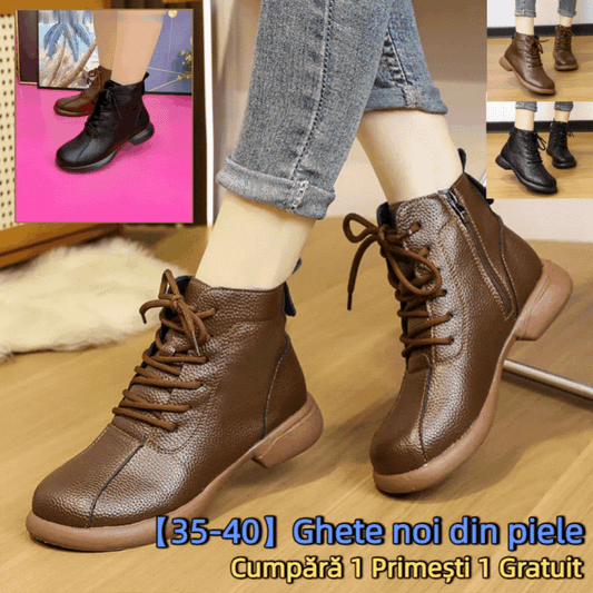 【35-40】Нови дамски кожени ботуши с ципове, високи и топли кожени ботуши с мека подметка