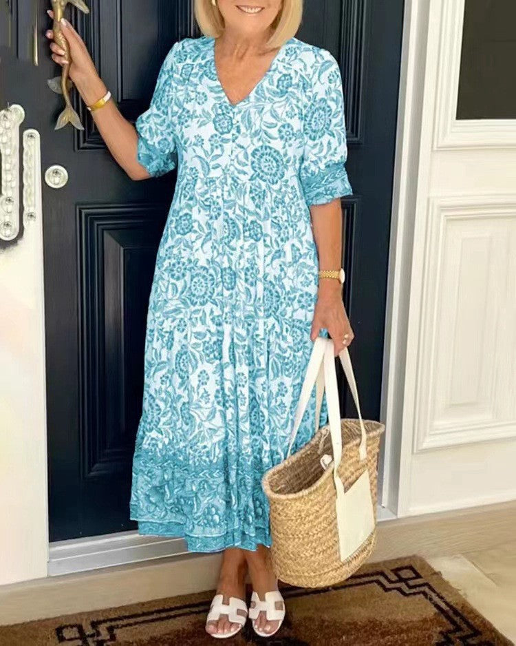 💃【S-3XL】Rochie lungă elegantă cu imprimeu floral și decolteu în V, nouă 2025_3994382