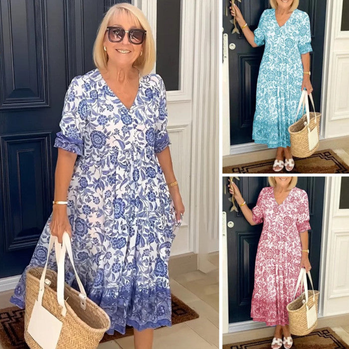 💃【S-3XL】Rochie lungă elegantă cu imprimeu floral și decolteu în V, nouă 2025_3994382