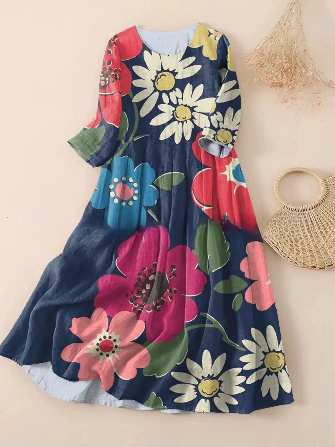 【50 % popust】【S-3XL】🌼Nova nagubana obleka s cvetličnim potiskom in okroglim izrezom🌸mlada in lepa