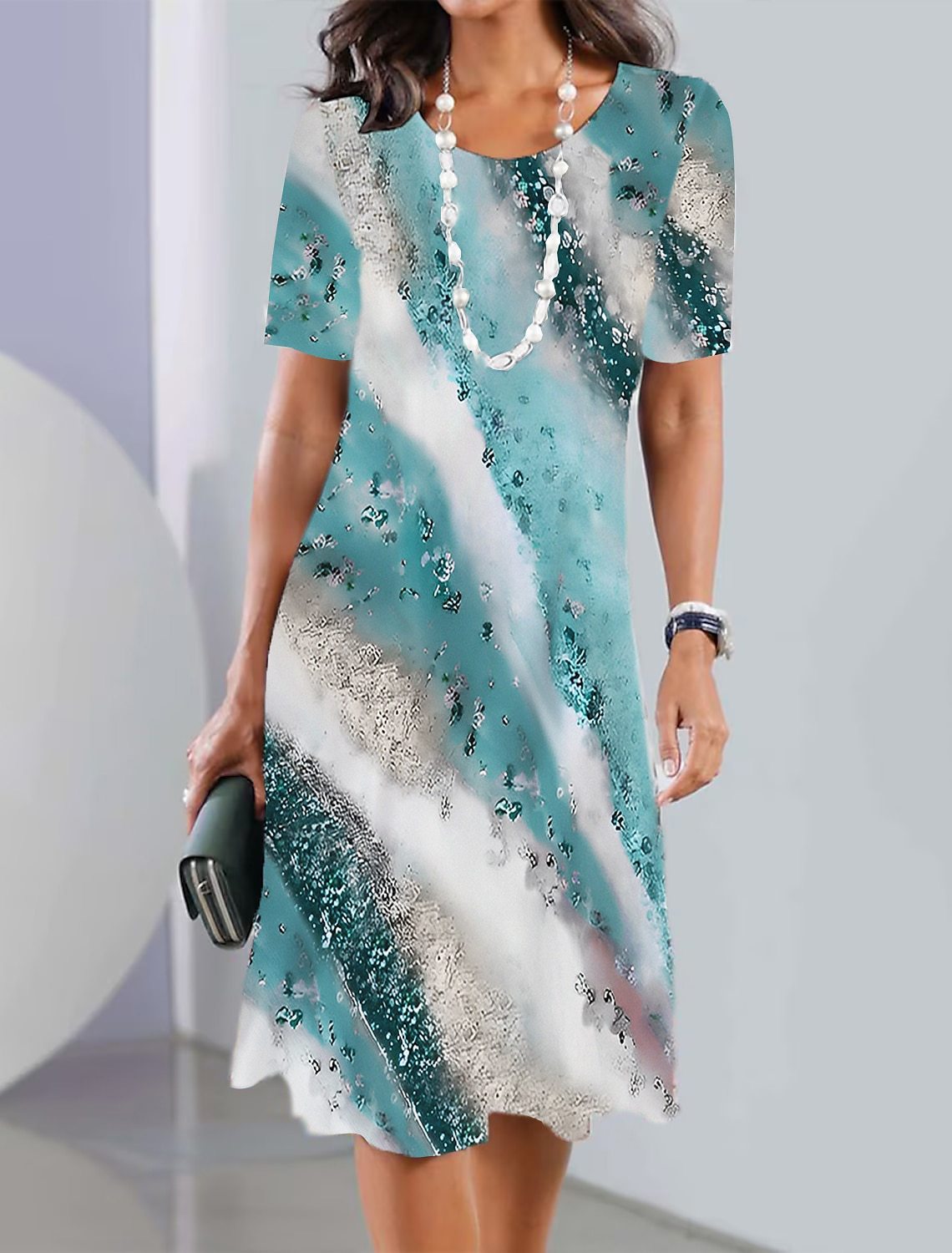 🔥【30% REDUCERE】【XS-5XL】🍂🍂Rochie midi nouă de primăvară și vară cu imprimeu, decolteu rotund și mânecă lungă