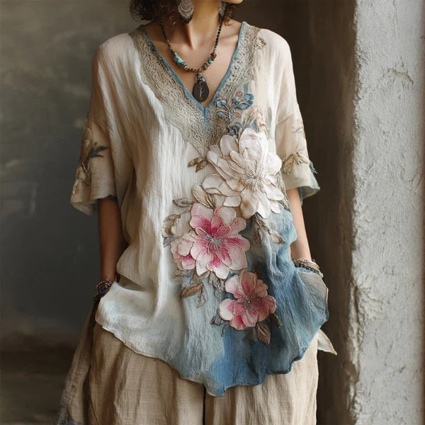 🌺【Omezená nabídka】Elegantní halenka s květinovým potiskem a hlubokým výstřihem do V 【S-4XL】