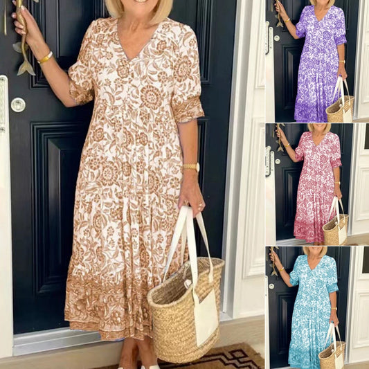 💃【S-3XL】Rochie lungă elegantă cu imprimeu floral și decolteu în V, nouă 2025_3994382