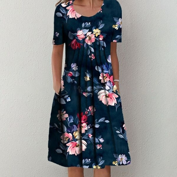 【50% kedvezmény】【S-5XL】 🌺🌺 Divatos, kerek nyakú, mintás ruha.