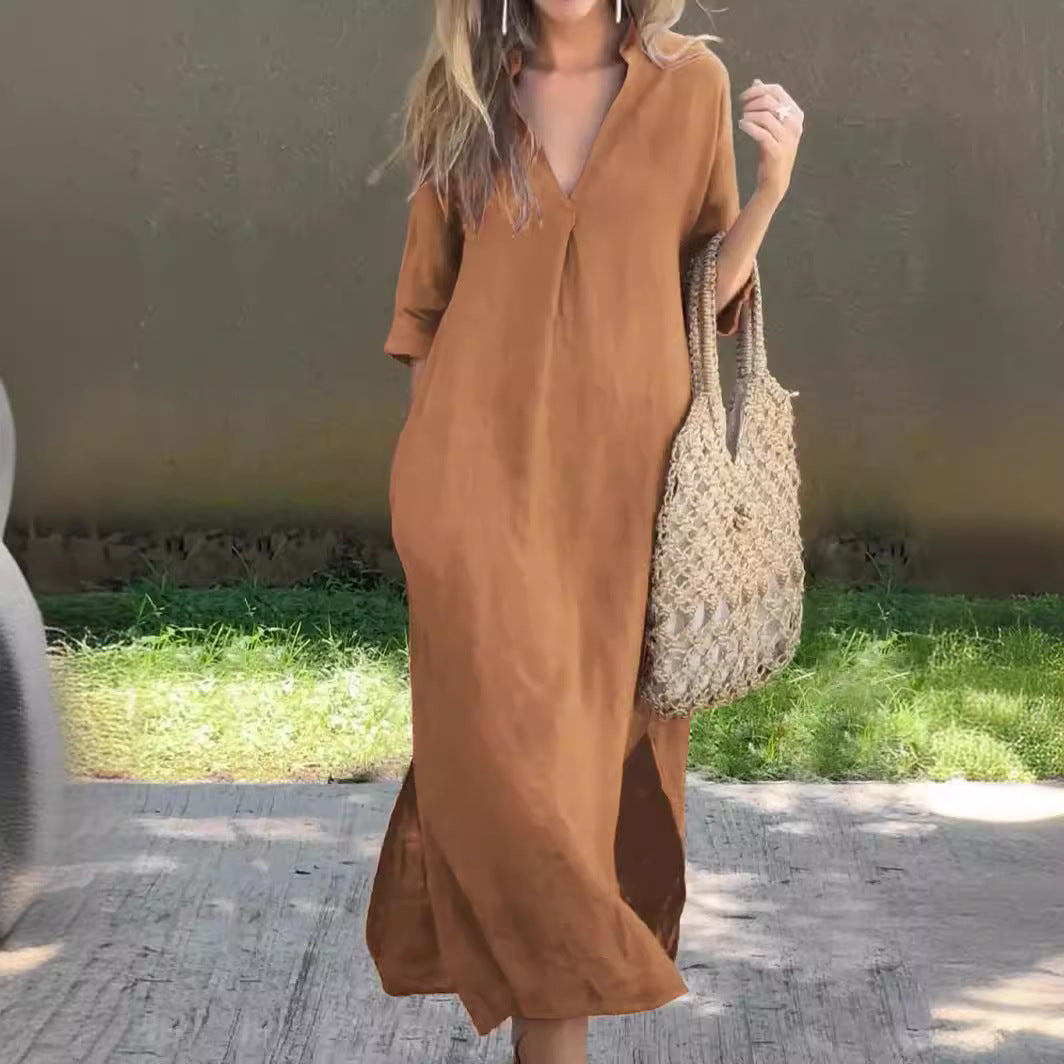 🌿💃【50% popust 🔥】【S–3XL】Nova ženska dolga obleka iz bombaža in lana za večje številke z V-izrezom in stranskimi razporki