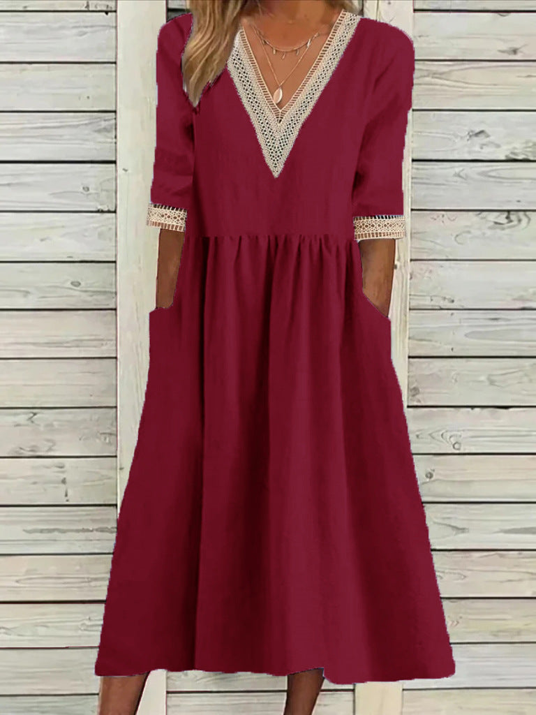 🌈👗【50% popust 🔥】【40-90 kg】👑 Ženska midi obleka iz bombaža in lana s čipkastim ovratnikom, v večjih velikostih