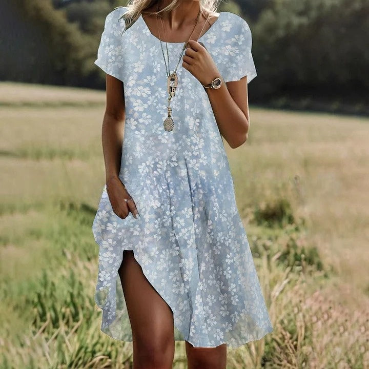 【50% отстъпка】【S-3XL】👗Пролетно/лято Най-продаваната ежедневна рокля с щампа и кръгло деколте