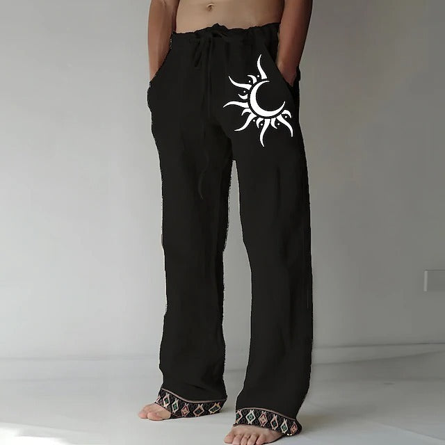 👖🌙【50% popust 🔥】【S–6XL】Nove moške hlače iz bombaža in lana z luninim vzorcem, široke ravne hlačnice, ležerni kroj, večje velikosti