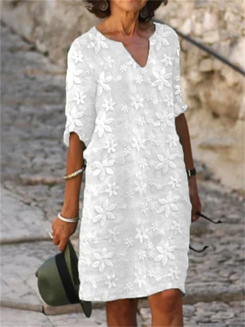 ✨✨【M-5XL】Enobarvna potiskana bombažna in lanena obleka, elegantna in modna,Na voljo več velikosti